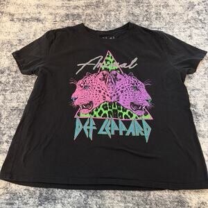Def Leppard Women's Top Shirt Sz 2XL Neon Retro, Leopards Band Graphic Tee Black